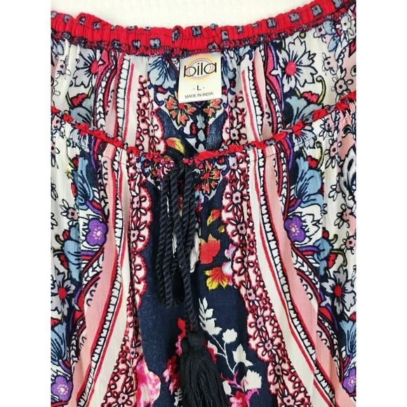 BILA ~Woman Size L~ Multicolor Red Bell Sleeve Boho Blouse Top Tunic Romantic. - Picture 7 of 11